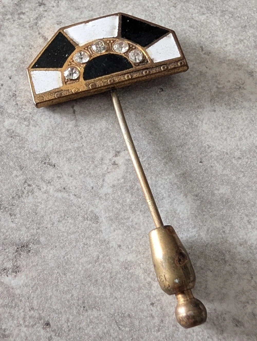 Vintage Black and White Art Deco Fan Design Stick Pin with Rhinestones